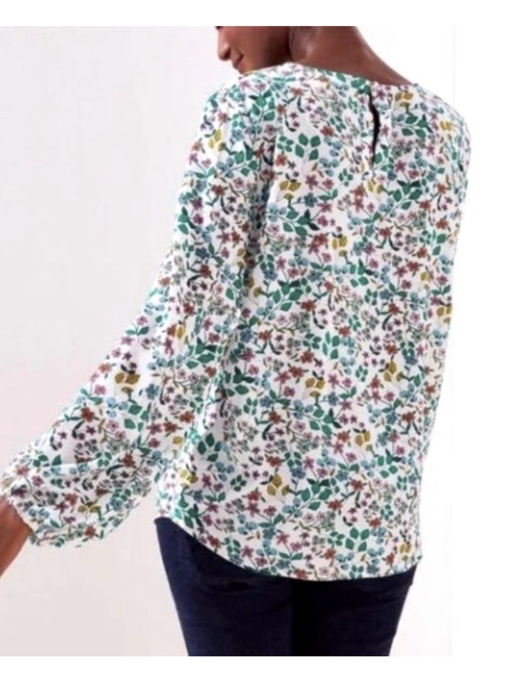 LOFT White Floral Long-Sleeve Blouse with Green Leaf Print - Picture 2 of 8
